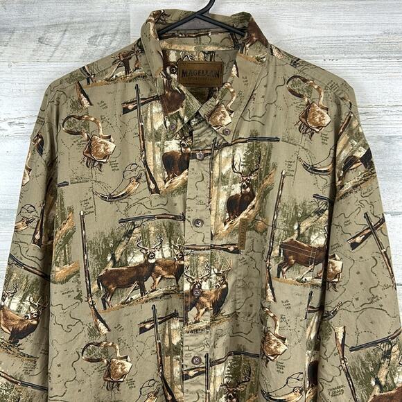 Magellan Deer Print Tan Brown Long Sleeve Button Up Shirt Mens Size XL - Picture 2 of 6